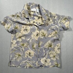 Liz Claiborne 100% Silk Floral Blouse Womens Petite 10 Button Front Vintage Top‎